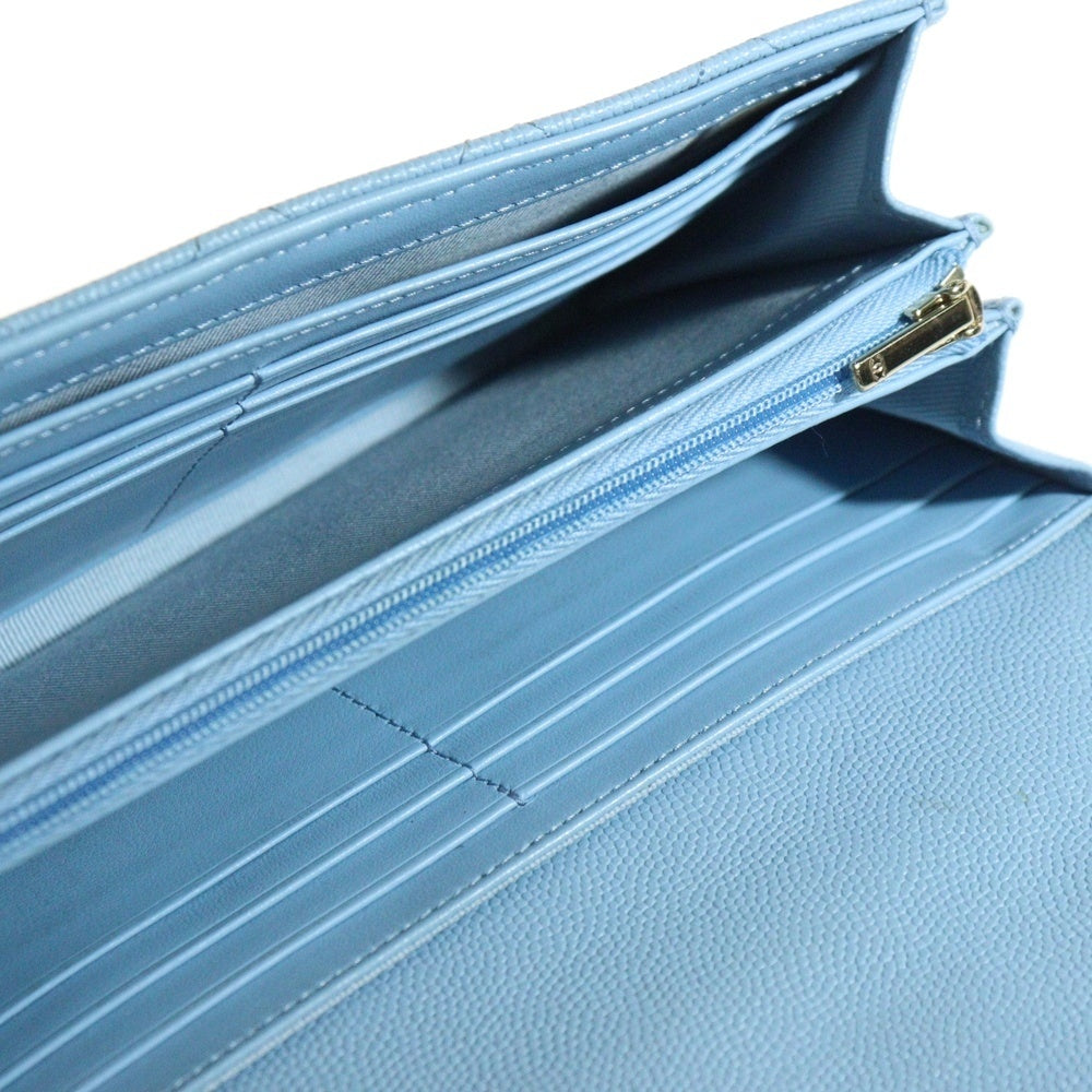 CHANEL(シャネル) マトラッセ ココマーク キャビアスキン フラップロングウォレット ライトブルー