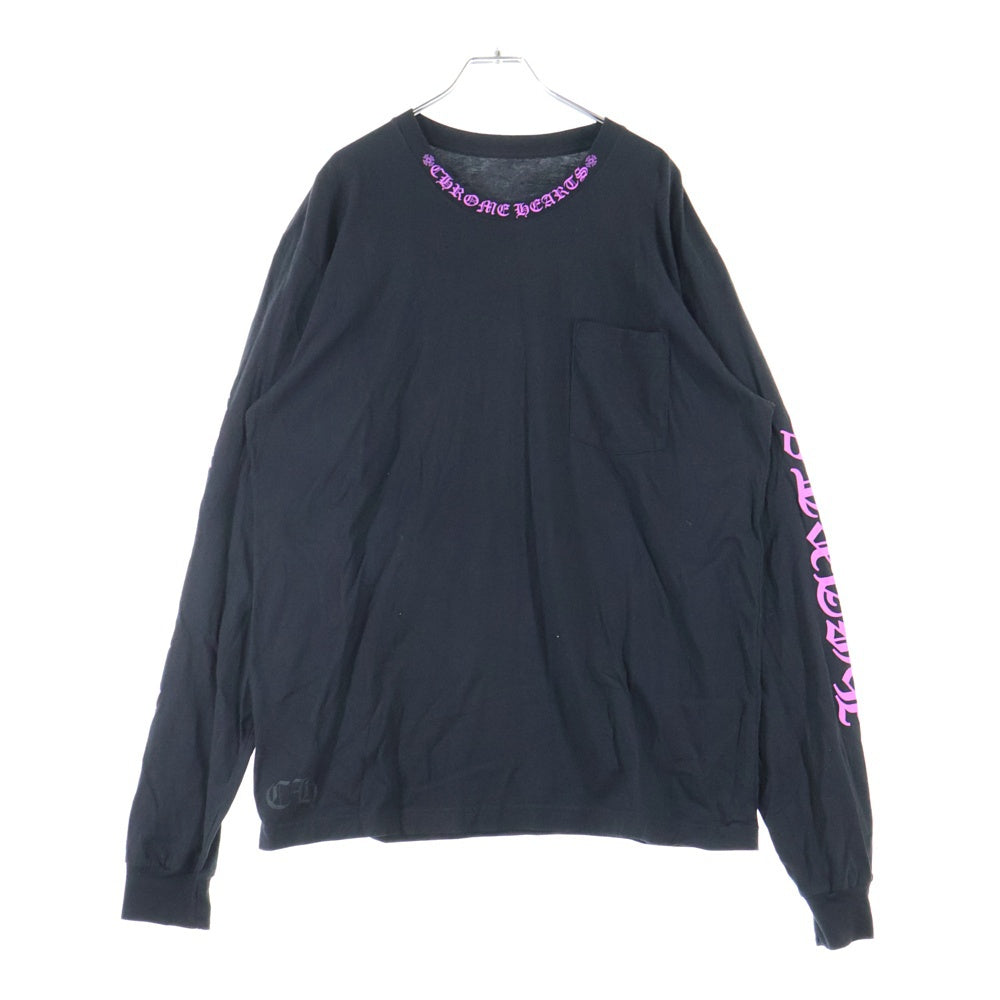 CHROME HEARTS(クロムハーツ) Neck Logo L/S Tee ネックロゴ プリントクルーネック長袖Tシャツ カットソー ブラック/ピンク