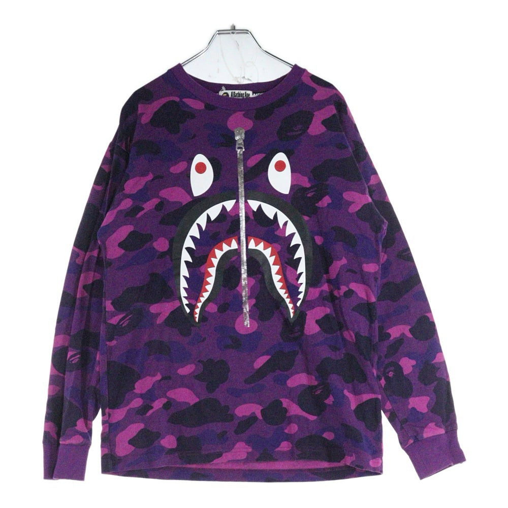 A BATHING APE(アベイシングエイプ) COLOR CAMO SHARK LSTEE カモ総柄 フロントプリント クルーネック長袖Tシャツカットソー パープル