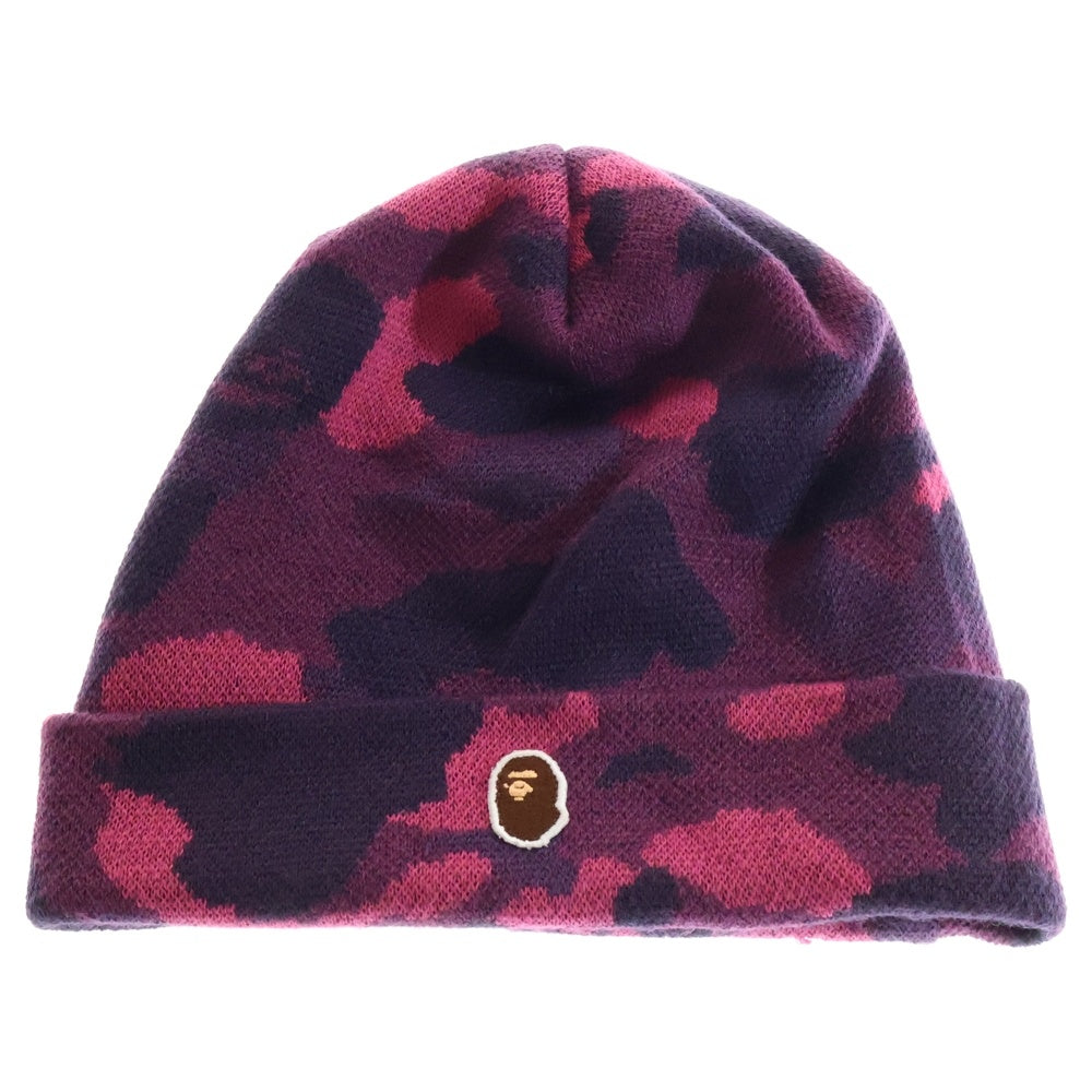A BATHING APE(アベイシングエイプ) COLOR CAMO KINT CAP カモ総柄 ロゴ刺繍ニット帽 ビーニー パープル 001CPH7010081