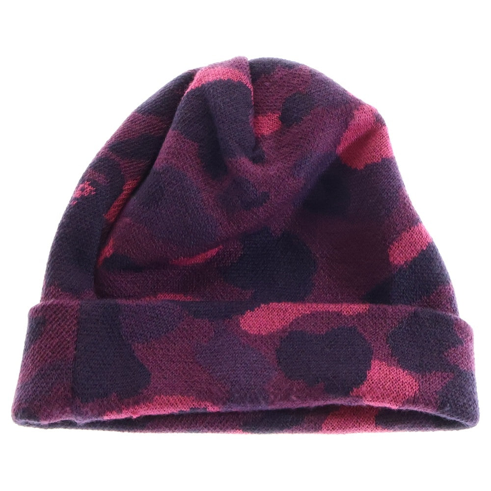 A BATHING APE(アベイシングエイプ) COLOR CAMO KINT CAP カモ総柄 ロゴ刺繍ニット帽 ビーニー パープル 001CPH7010081