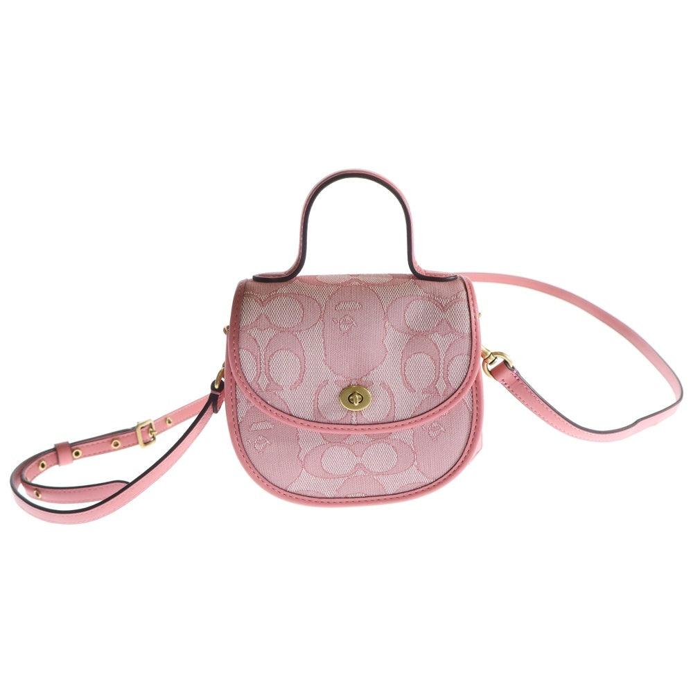 A BATHING APE(アベイシングエイプ) ×COACH MINI TOP HANDLE SADDLE ×コーチ ミニトップハンドルサドルレザーキャンバス総柄2Wayハンドショルダーバッグ レディース ピンク D2180-C4517