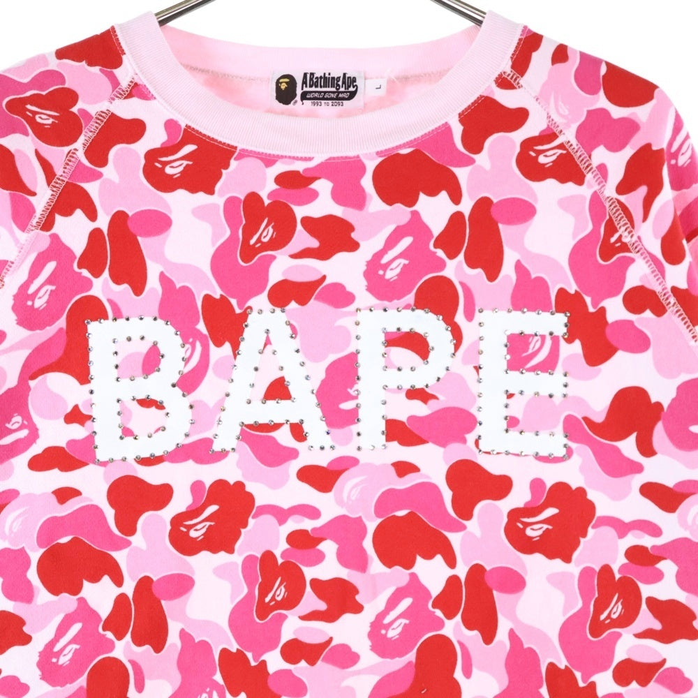 A BATHING APE(アベイシングエイプ) ABC CAMO CRYSTAL STONE CREWNECK カモ総柄クリスタルストーンオーバサイズクルーネックスウェット ピンク 001SWJ801008M