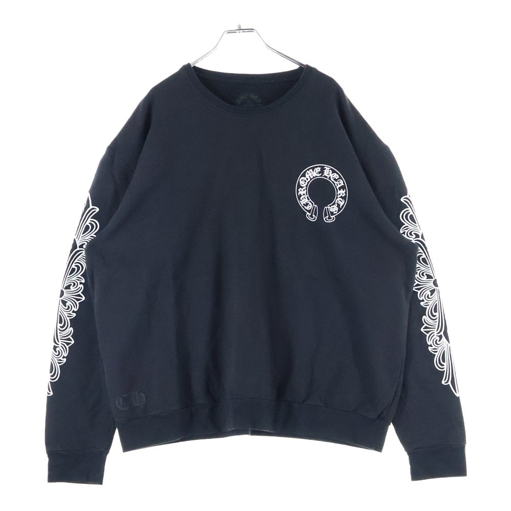 CHROME HEARTS(クロムハーツ) Horseshoe L/S Sweatshirt ホースシュープリント 袖フローラルプリント クルーネックスウェットトレーナー ブラック