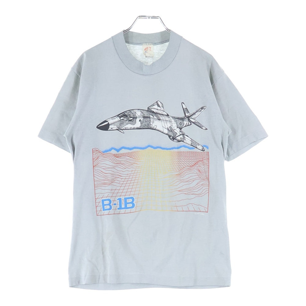 VINTAGE(ヴィンテージ) 80s HEF-T ミリタリーフロントプリントシングルステッチクルーネック半袖Tシャツカットソー グレー