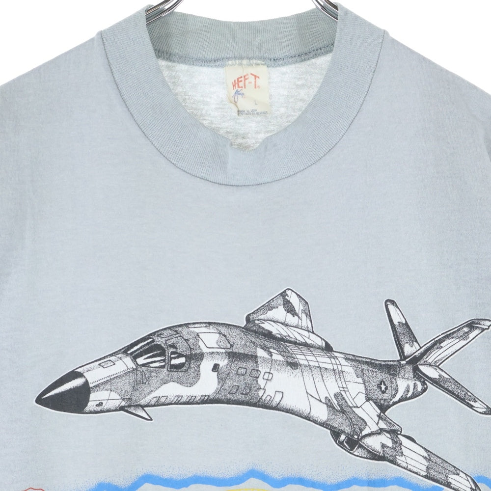 VINTAGE(ヴィンテージ) 80s HEF-T ミリタリーフロントプリントシングルステッチクルーネック半袖Tシャツカットソー グレー