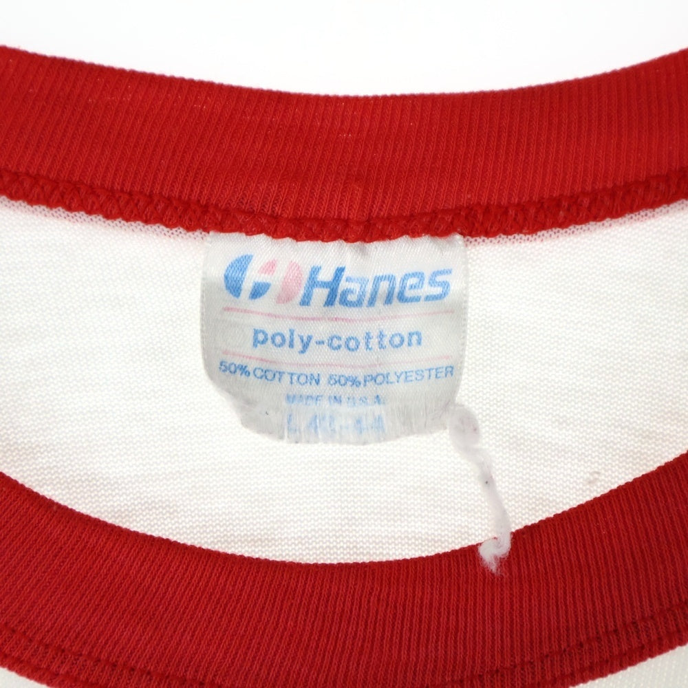 VINTAGE(ヴィンテージ) 80s Hanes フロントプリントリンガーシングルステッチクルーネック半袖Tシャツカットソー ホワイト