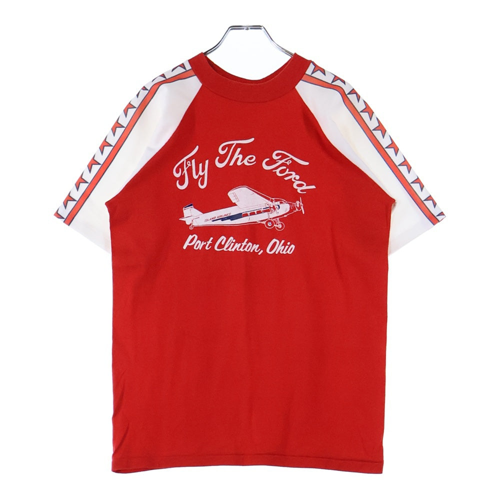 VINTAGE(ヴィンテージ) 70-80s Velva Sheen 袖切り替えデザインフロントプリントクルーネック半袖Tシャツカット レッド