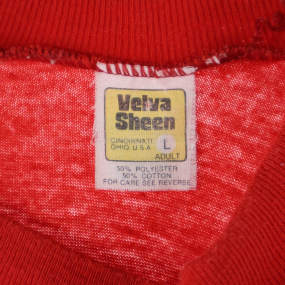VINTAGE(ヴィンテージ) 70-80s Velva Sheen 袖切り替えデザインフロントプリントクルーネック半袖Tシャツカット レッド
