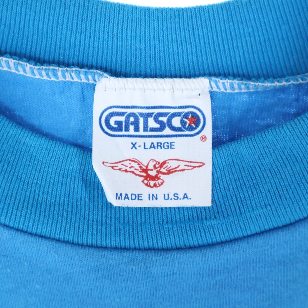 VINTAGE(ヴィンテージ) 80s GATSCO フロントプリントクルーネック半袖Tシャツカット ブルー