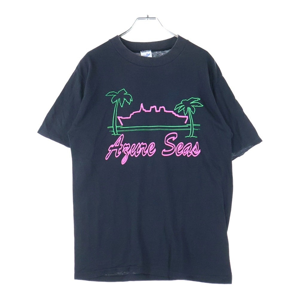 VINTAGE(ヴィンテージ) 90s Velva Sheen フロントプリントクルーネック半袖Tシャツカット ブラック
