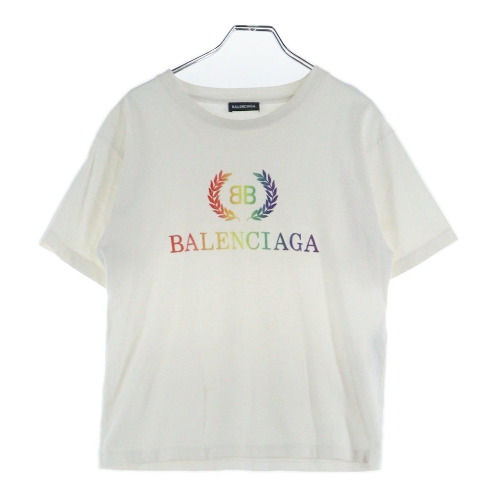 BALENCIAGA(バレンシアガ) レインボー刺繍ロゴ クルーネック半袖Tシャツカットソー レディース ホワイト
