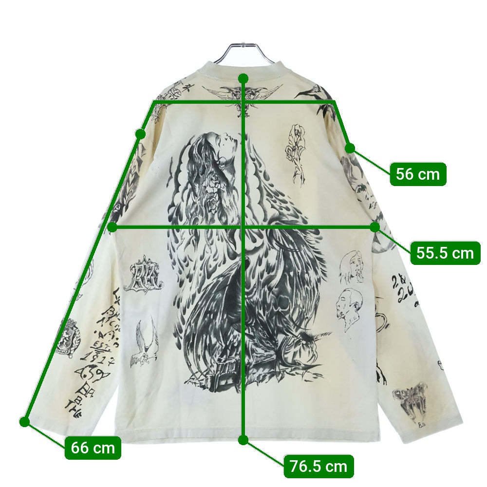 BALENCIAGA(バレンシアガ) 24SS Tattoo Distressed ダメージ加工総柄プリントクルーネック長袖Tシャツカットソー 790365 TQVR1