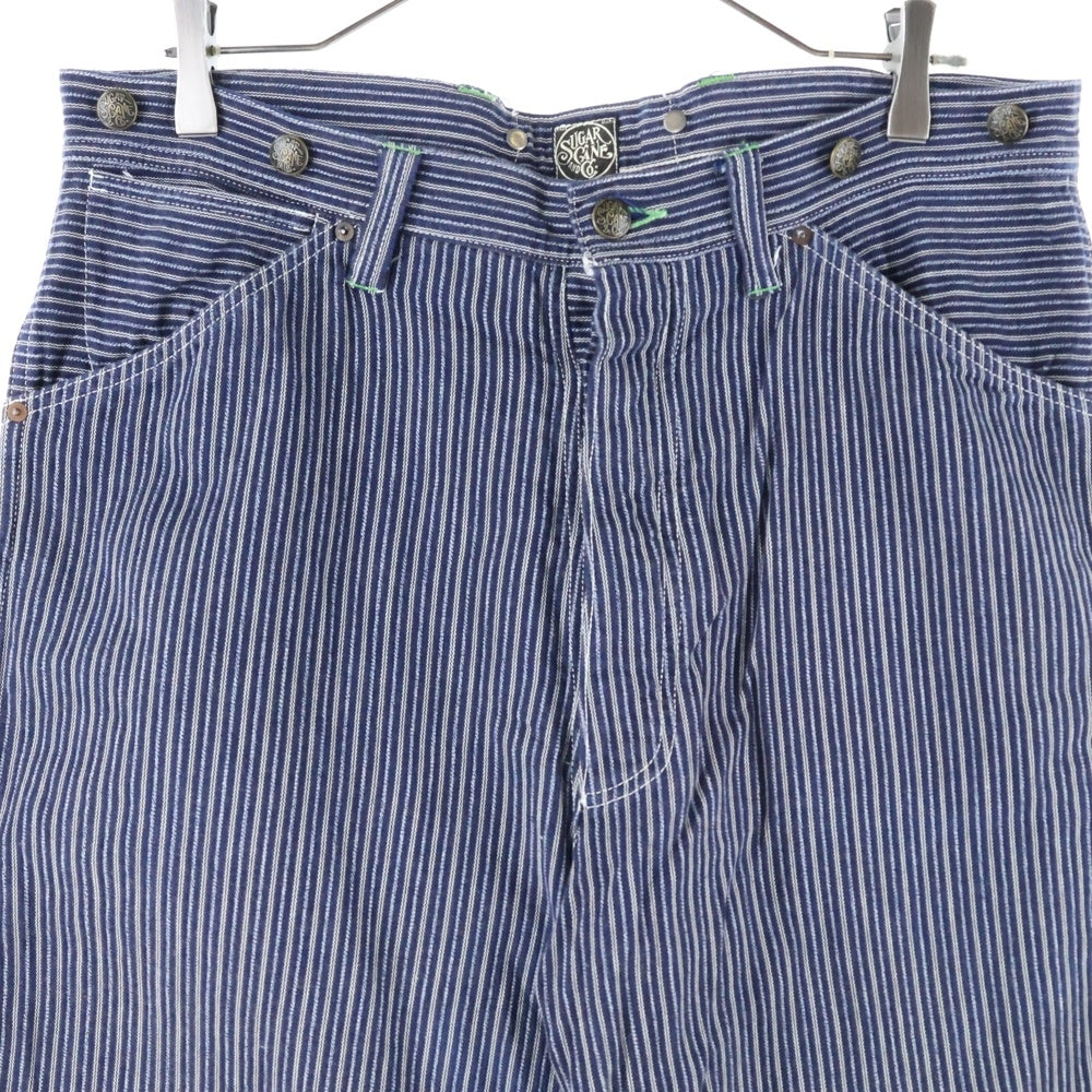 SUGAR CANE(シュガーケーン) Lot.908 ヒッコリーストライプ針刺しバックルワイドストレートパンツ ネイビー
