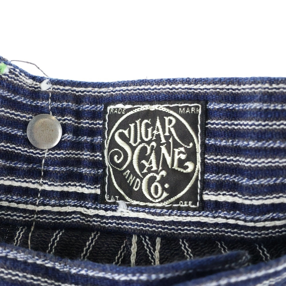 SUGAR CANE(シュガーケーン) Lot.908 ヒッコリーストライプ針刺しバックルワイドストレートパンツ ネイビー