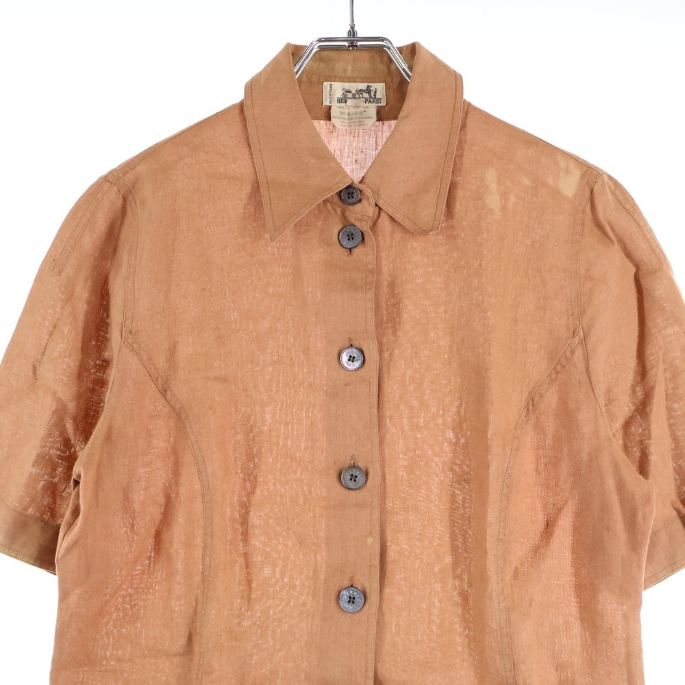 HERMES(エルメス) 馬車タグ リネンボタン開襟半袖シャツ ブラウン