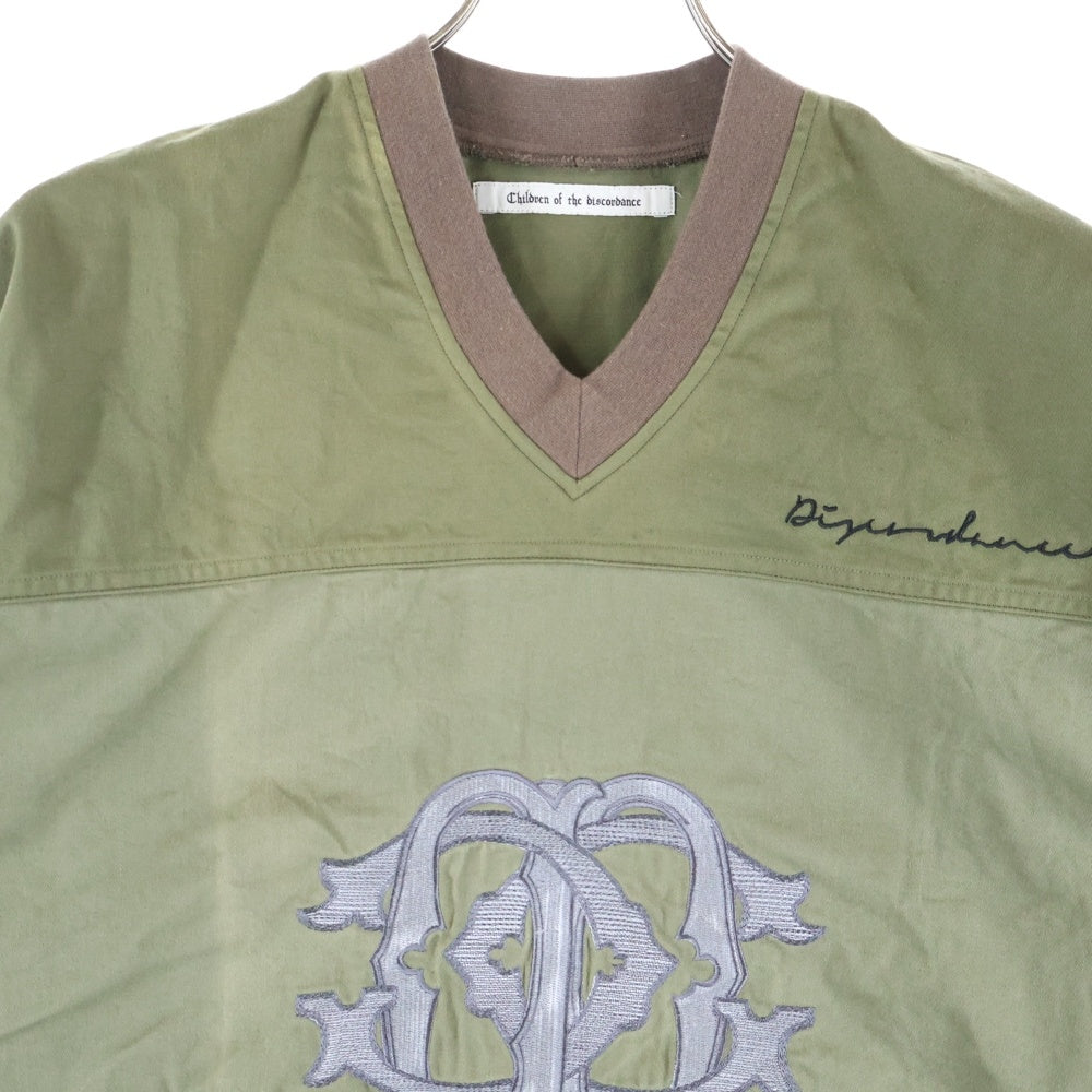 Children of the discordance(チルドレンオブザディスコーダンス) フロント刺繍 Vネック オーバーサイズコットン半袖Tシャツ カーキ