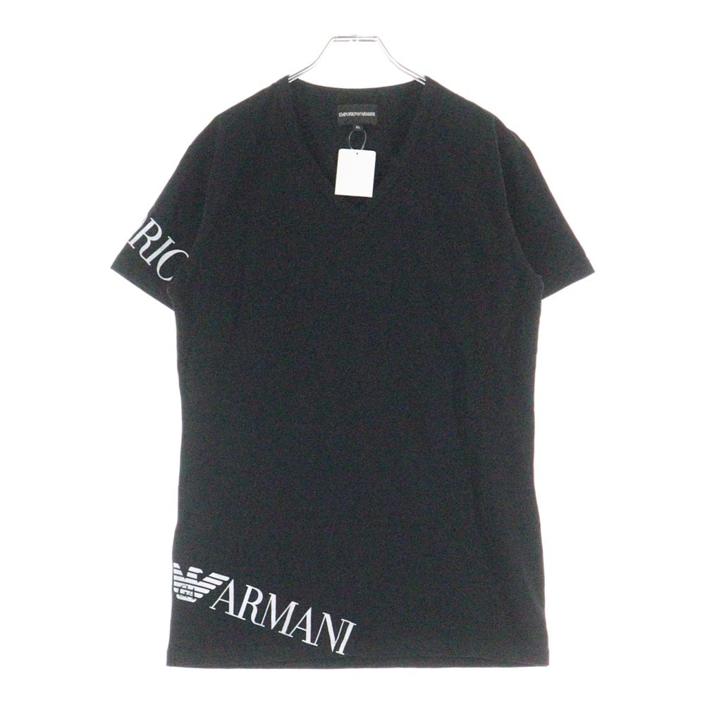 EMPORIO ARMANI(エンポリオアルマーニ) ライトスリーブラメロゴプリント Vネック半袖Tシャツカットソー ブラック