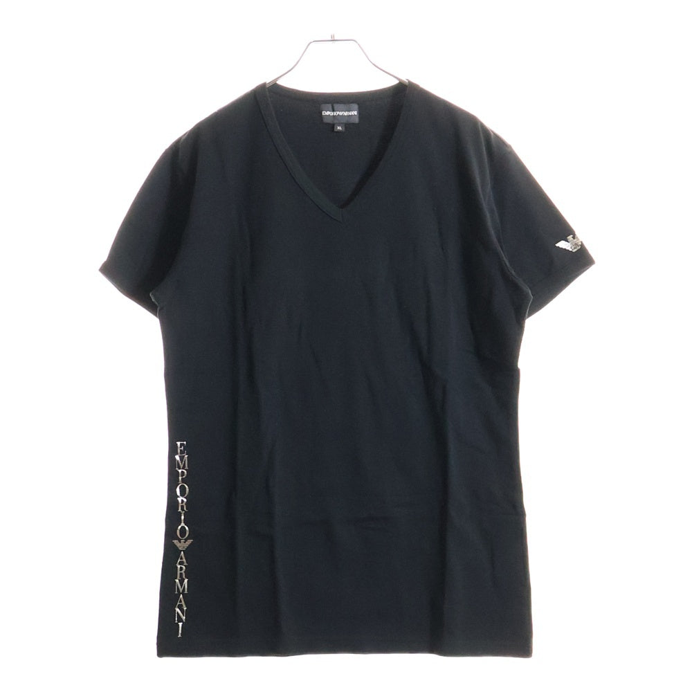 EMPORIO ARMANI(エンポリオアルマーニ) レフトスリーブラメロゴプリント Vネック半袖Tシャツカットソー ブラック