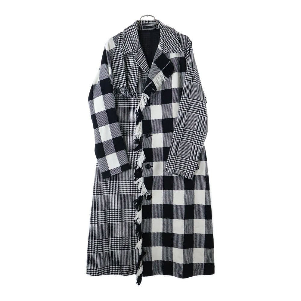 Y's(ワイズ) 千鳥格子柄 チェック切り替えフリンジロングコート ブラック/ホワイト YC-C10-803