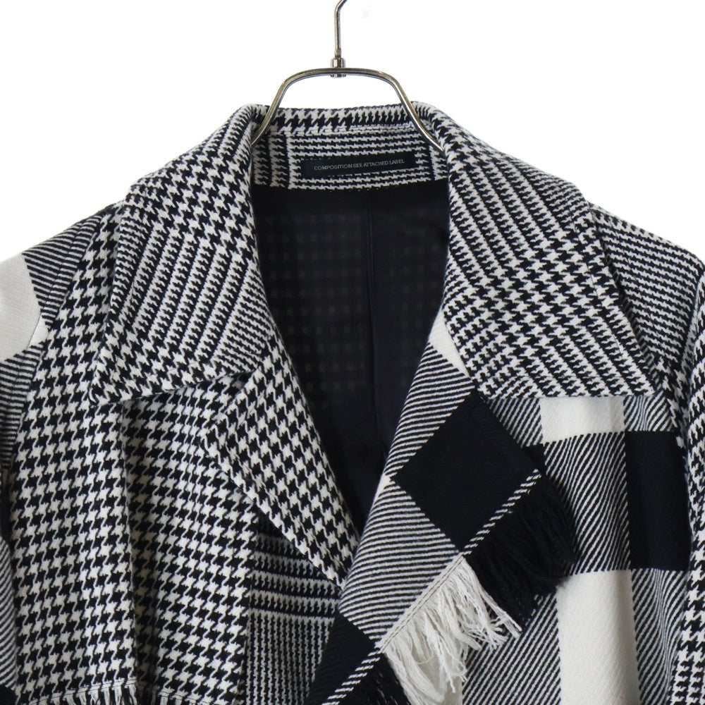 Y's(ワイズ) 千鳥格子柄 チェック切り替えフリンジロングコート ブラック/ホワイト YC-C10-803