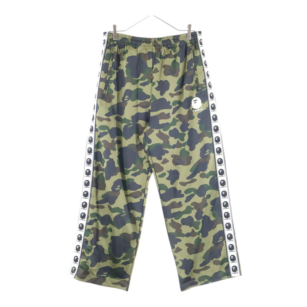 A BATHING APE(アベイシングエイプ) 1ST CAMO LOOSE FIT TRACK PANTS カモ総柄 エイプヘッドプリント ロゴサイドライン トラックパンツ グリーン 1L80-115-008