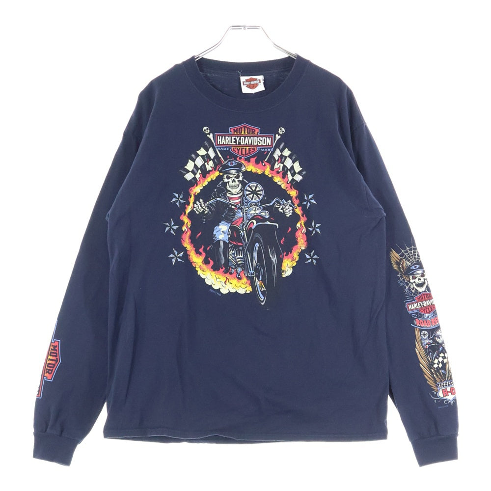 HARLEY DAVIDSON(ハーレーダビッドソン) スカルバイク袖ロゴプリント クルーネック長袖Tシャツカットソー ネイビー