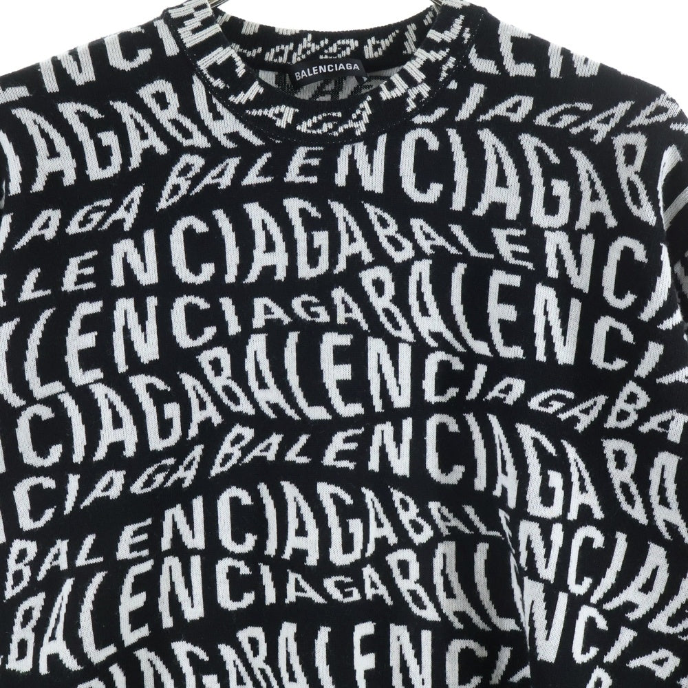 BALENCIAGA(バレンシアガ) 総柄ロゴデザイン ウール混クルーネック長袖ニット ブラック/ホワイト 583153 T1535
