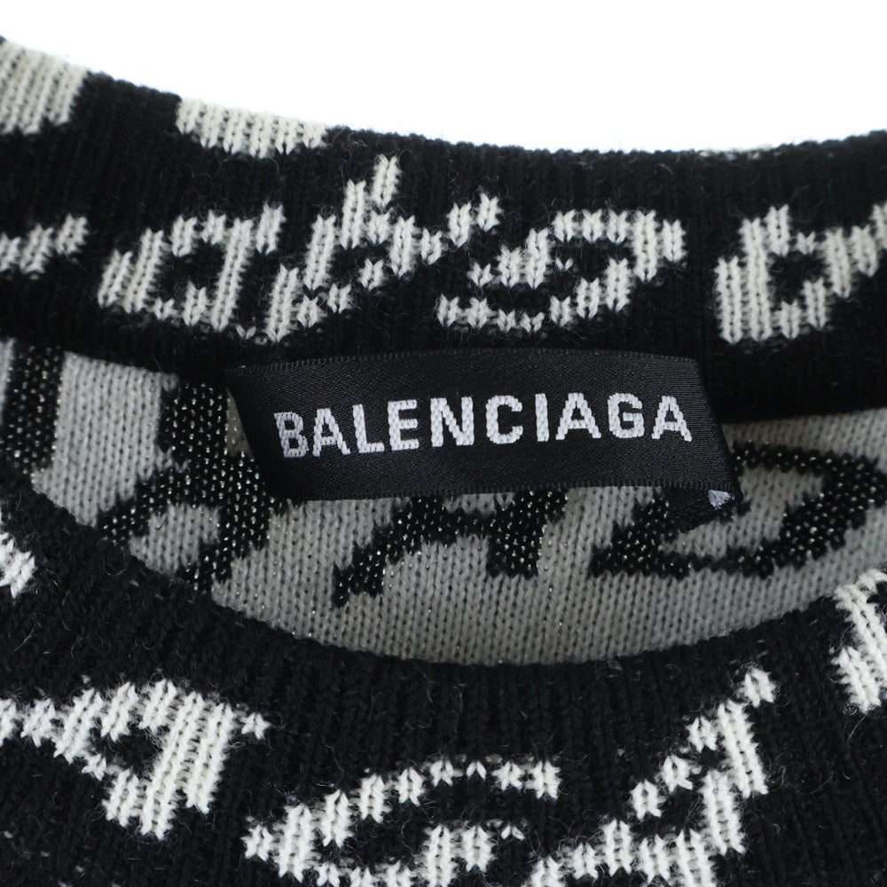 BALENCIAGA(バレンシアガ) 総柄ロゴデザイン ウール混クルーネック長袖ニット ブラック/ホワイト 583153 T1535
