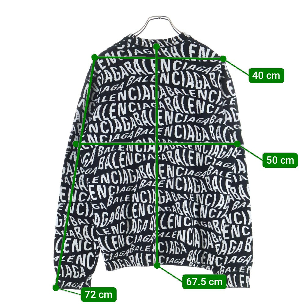 BALENCIAGA(バレンシアガ) 総柄ロゴデザイン ウール混クルーネック長袖ニット ブラック/ホワイト 583153 T1535
