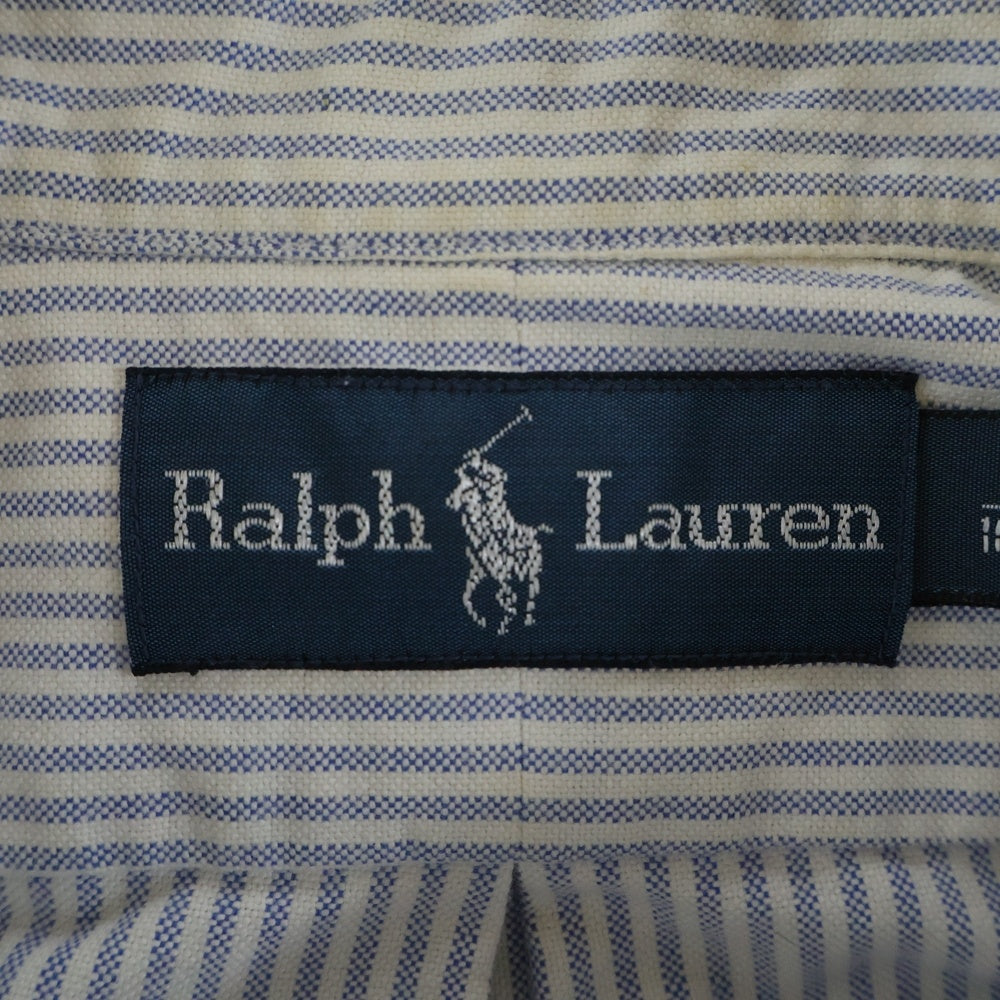 RALPH LAUREN(ラルフローレン) フロントベア刺繍 ストライプ 長袖シャツ ホワイト/ブルー 7900053YZZT
