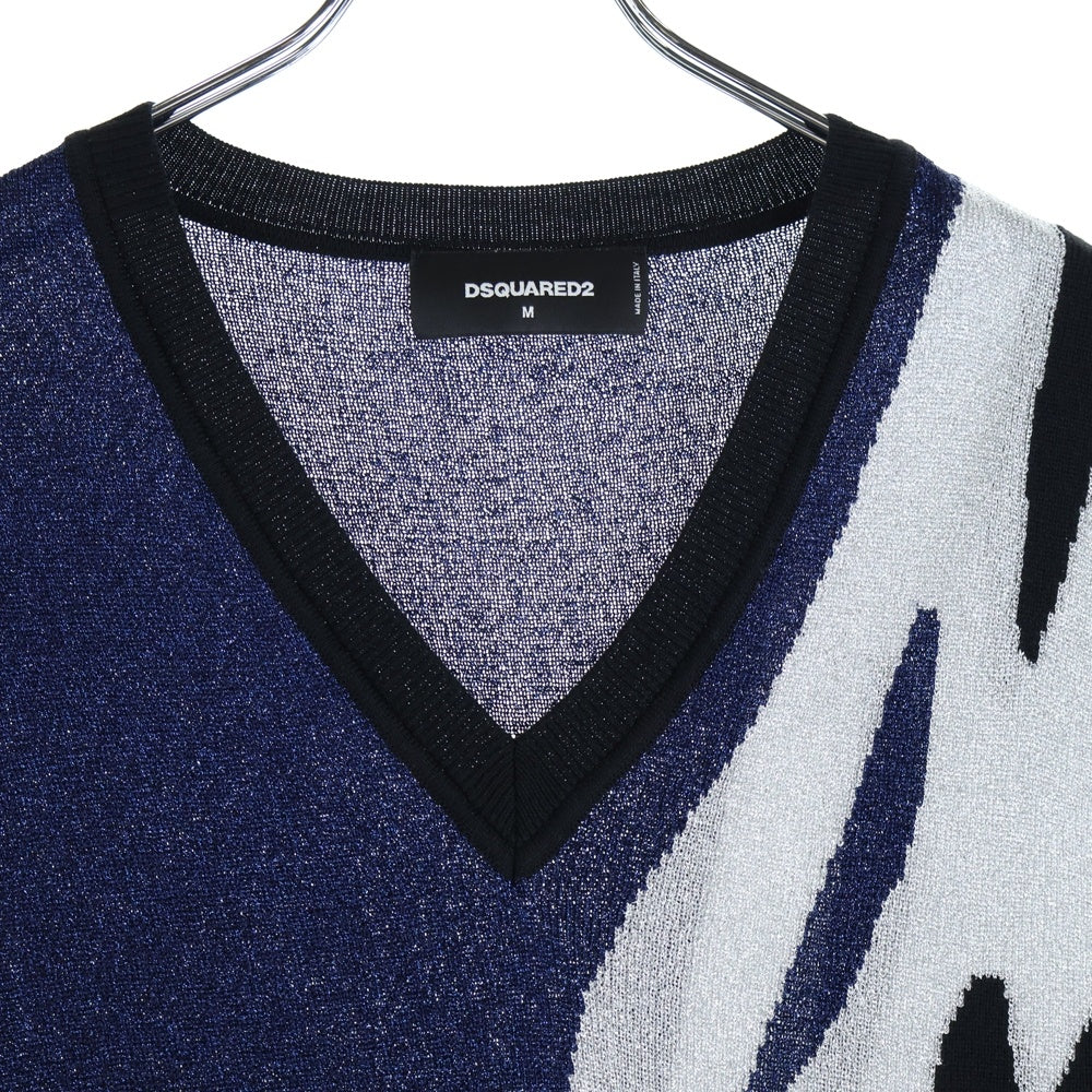 DSQUARED2(ディースクエアード) V-neck glitter knit Vest Vネック グリッター プルオーバーニットベスト ネイビー/ホワイト/ブラック S74HA0729 S15911