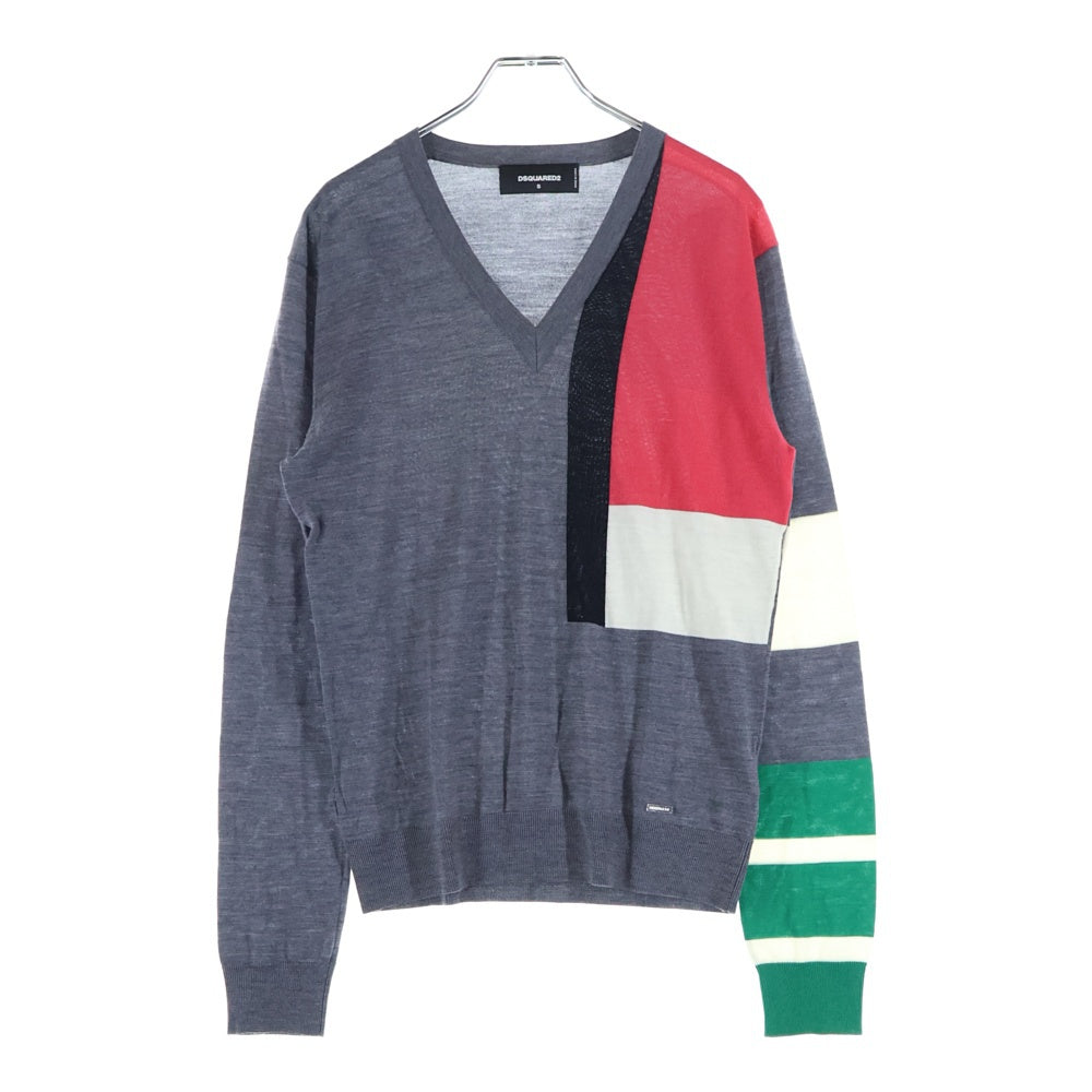 DSQUARED2(ディースクエアード) Vネック カラーブロックパターン ウールニットセーター グレー S71HA0655 S14586