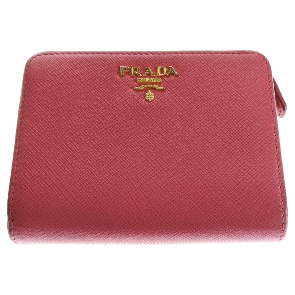 PRADA(プラダ) サフィアーノ ロゴプレート 二つ折り ジッパー付き レザー コンパクトウォレット ピンク レディース