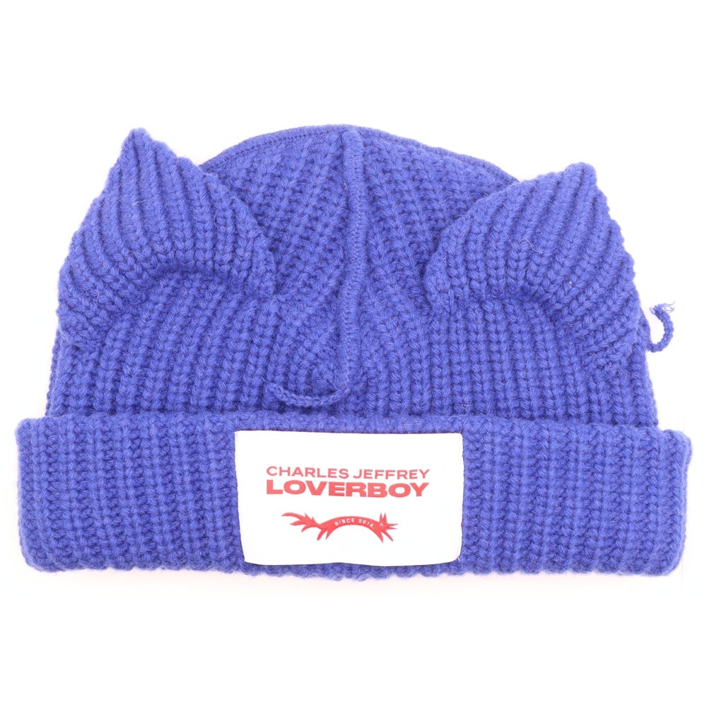 CHARLES JEFFREY LOVERBOY(チャールズジェフリーラバーボーイ) フロントロゴ 耳付き ニット帽 ビーニー ブルー