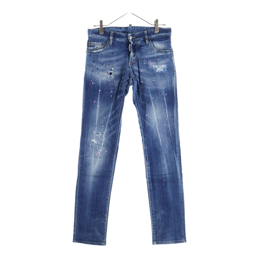 DSQUARED2(ディースクエアード) バックロゴスタッズ ボタンフライ ペインテッド ストレートダメージデニム インディゴ F3-452