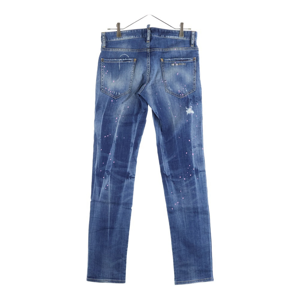DSQUARED2(ディースクエアード) バックロゴスタッズ ボタンフライ ペインテッド ストレートダメージデニム インディゴ F3-452