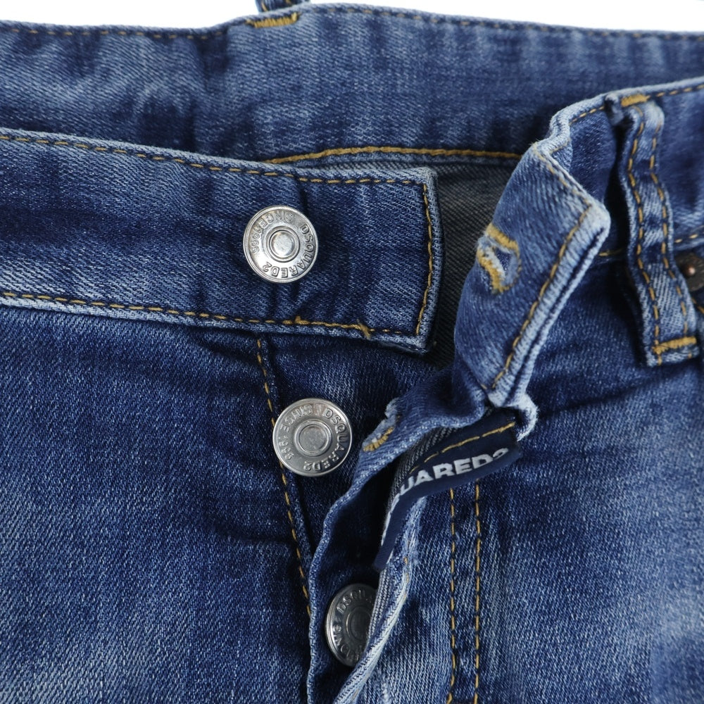 DSQUARED2(ディースクエアード) バックロゴスタッズ ボタンフライ ペインテッド ストレートダメージデニム インディゴ F3-452