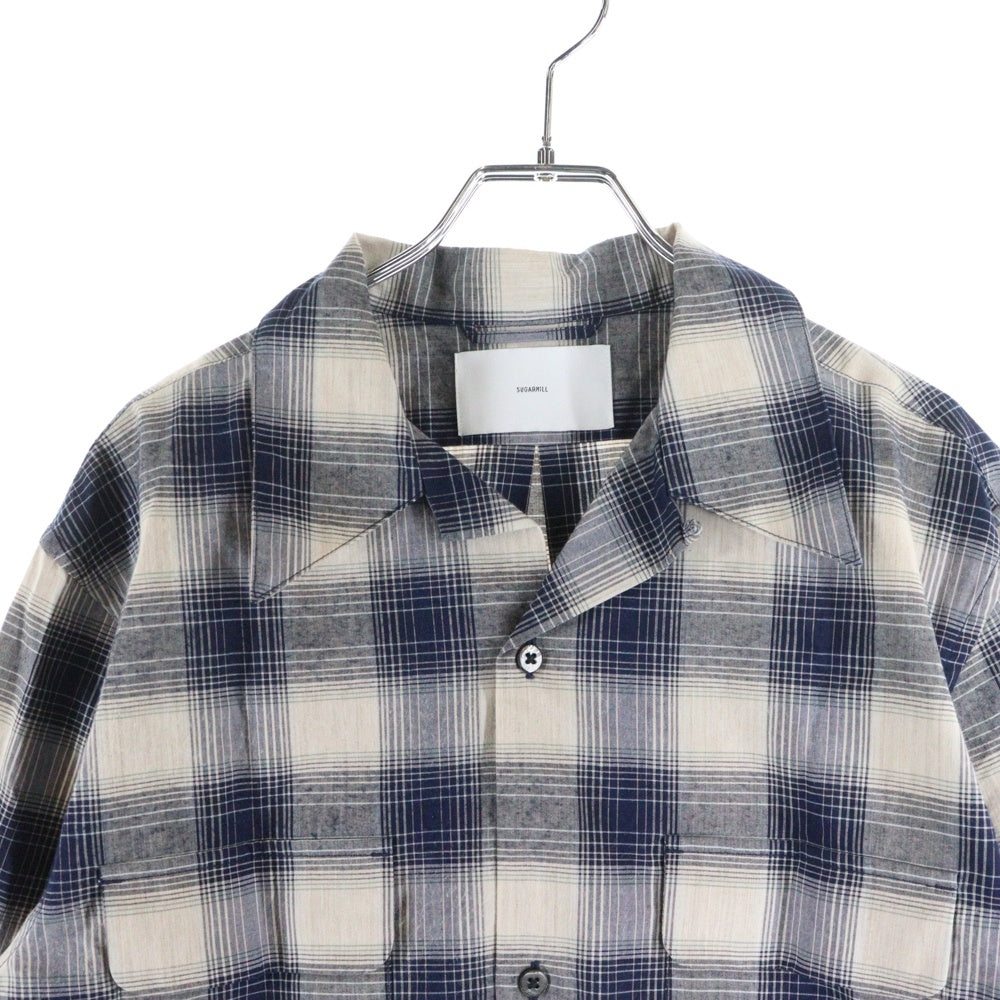 SUGARHILL(シュガーヒル) 24SS YAK OMBRE PLAID OPEN COLLAR BROUSE オンブレチェック オープンカラー長袖シャツ ブルー 2441000501