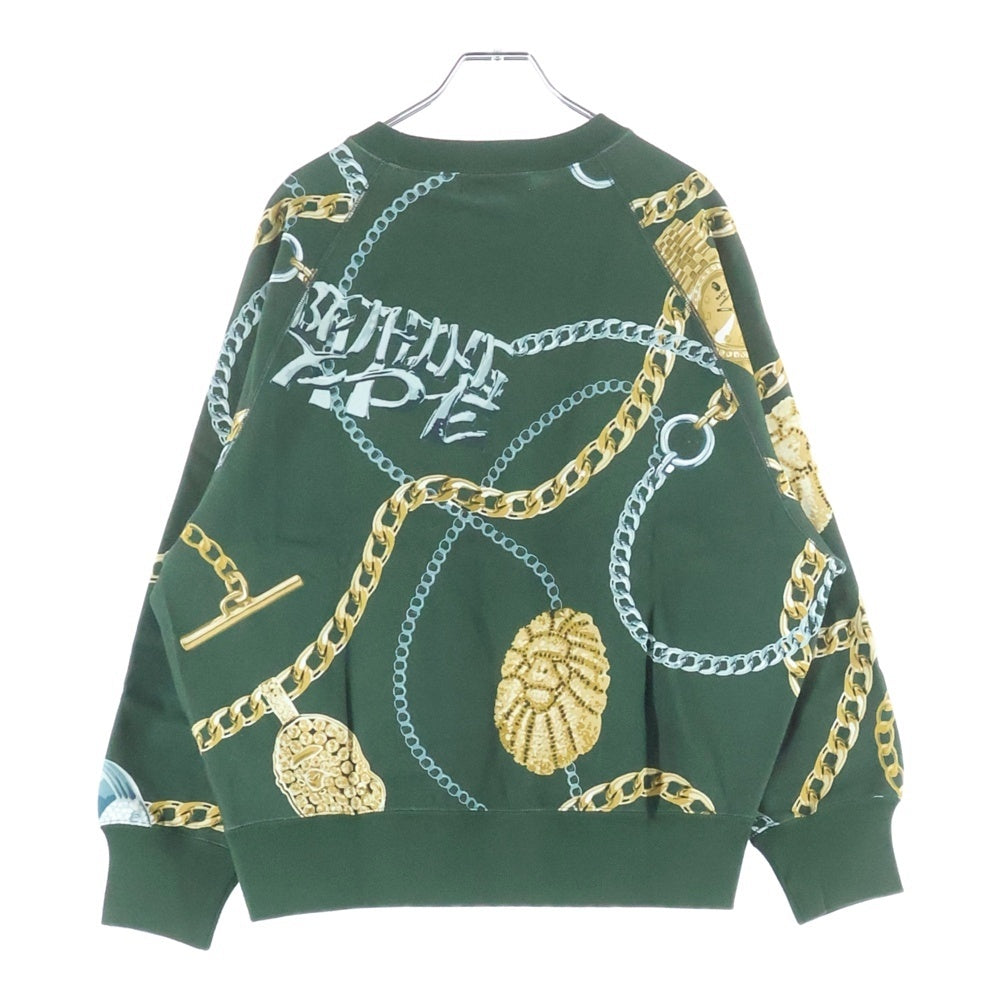 A BATHING APE(アベイシングエイプ) BAPE JEWELS CREWNECK ロゴ刺繍 ベイプ ジュエルズ 総柄プリント クルーネック長袖スウェットトレーナー グリーン 001SWJ801003M