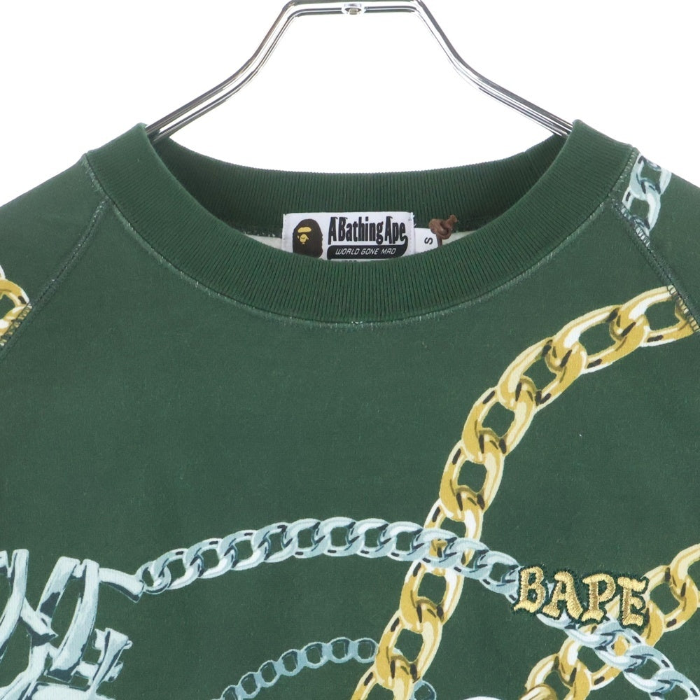 A BATHING APE(アベイシングエイプ) BAPE JEWELS CREWNECK ロゴ刺繍 ベイプ ジュエルズ 総柄プリント クルーネック長袖スウェットトレーナー グリーン 001SWJ801003M