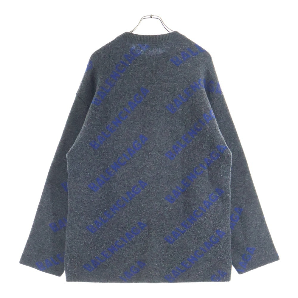 BALENCIAGA(バレンシアガ) 総柄ロゴ ウール素材 クルーネックニットセーター ネイビー/ブルー 623283T1567