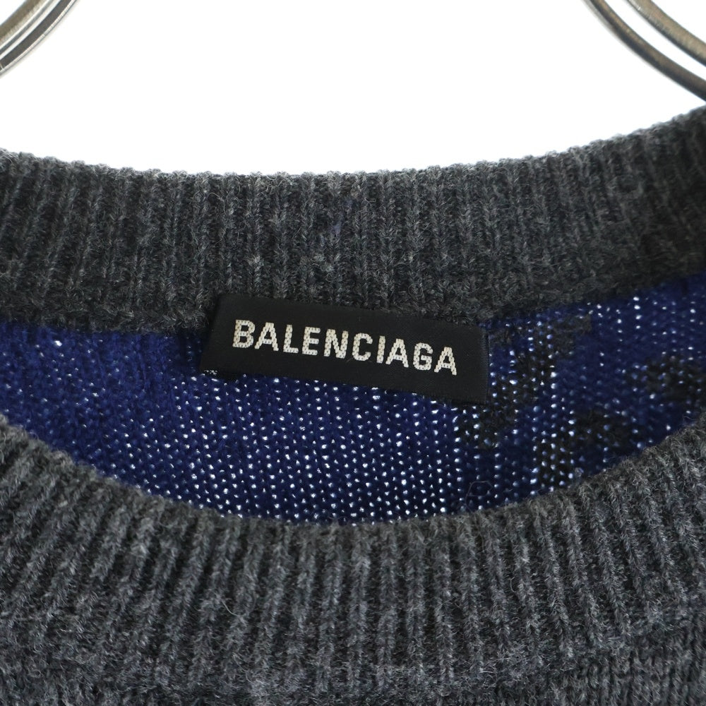 BALENCIAGA(バレンシアガ) 総柄ロゴ ウール素材 クルーネックニットセーター ネイビー/ブルー 623283T1567