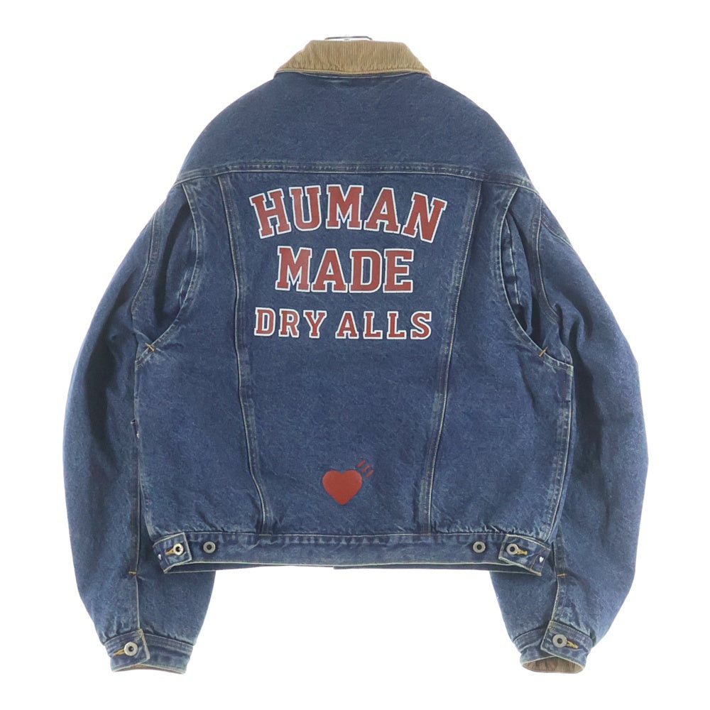 HUMAN MADE(ヒューマンメイド) ビッグシルエット 襟コーデュロイ バックプリント ユーズド加工 デニムジャケット HM31JK018