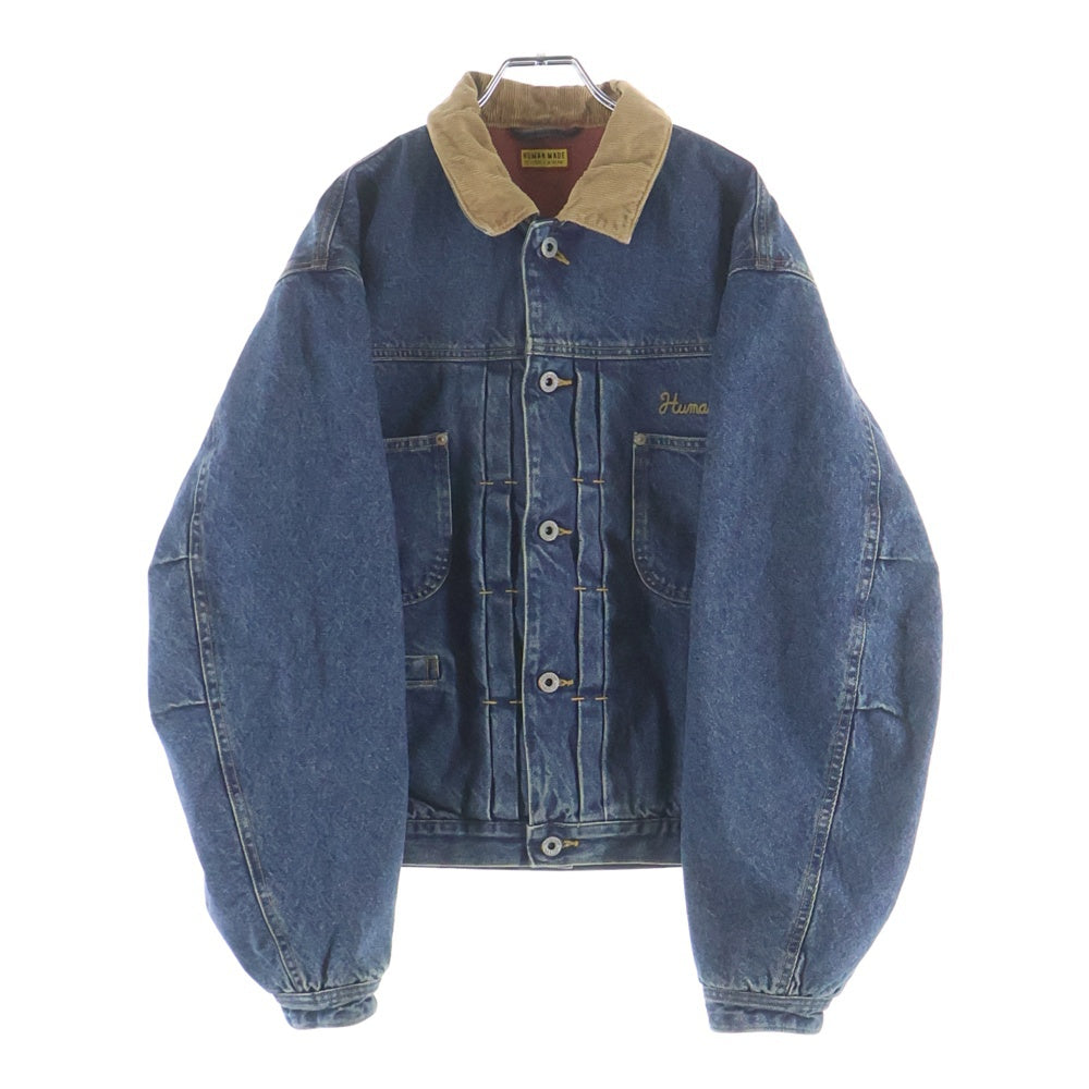 HUMAN MADE(ヒューマンメイド) ビッグシルエット 襟コーデュロイ バックプリント ユーズド加工 デニムジャケット HM31JK018