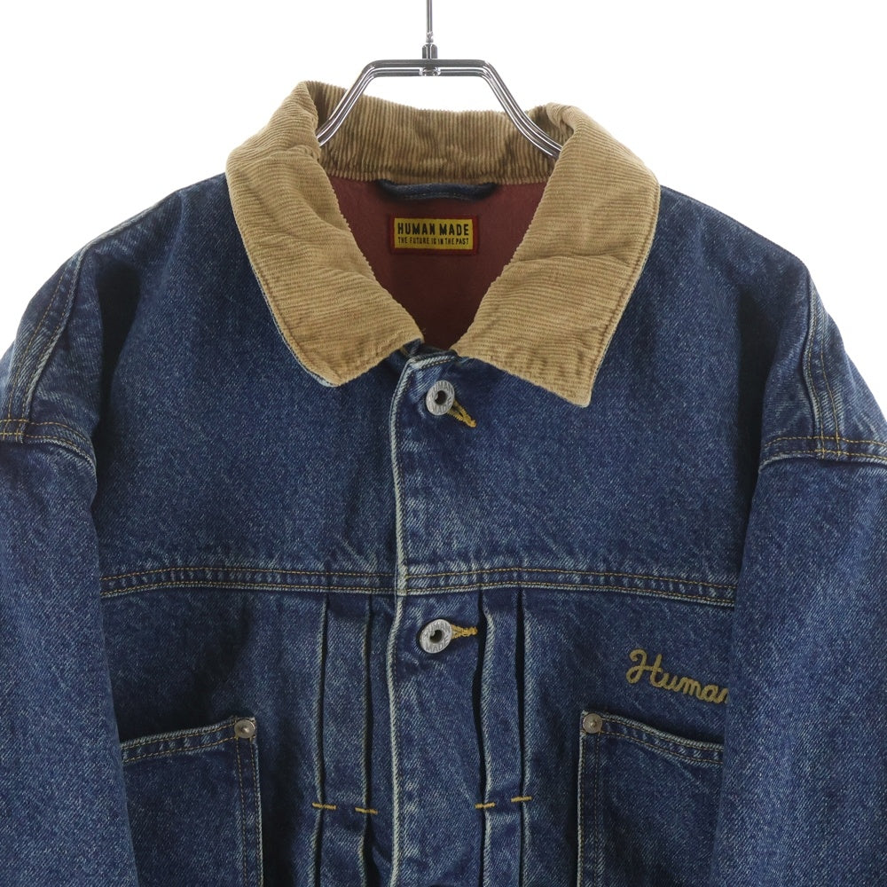 HUMAN MADE(ヒューマンメイド) ビッグシルエット 襟コーデュロイ バックプリント ユーズド加工 デニムジャケット HM31JK018