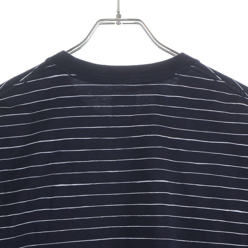 SEE SEE(シーシー) 刺繍ロゴ ストライプ柄 クルーネック 半袖Tシャツ カットソー ネイビー