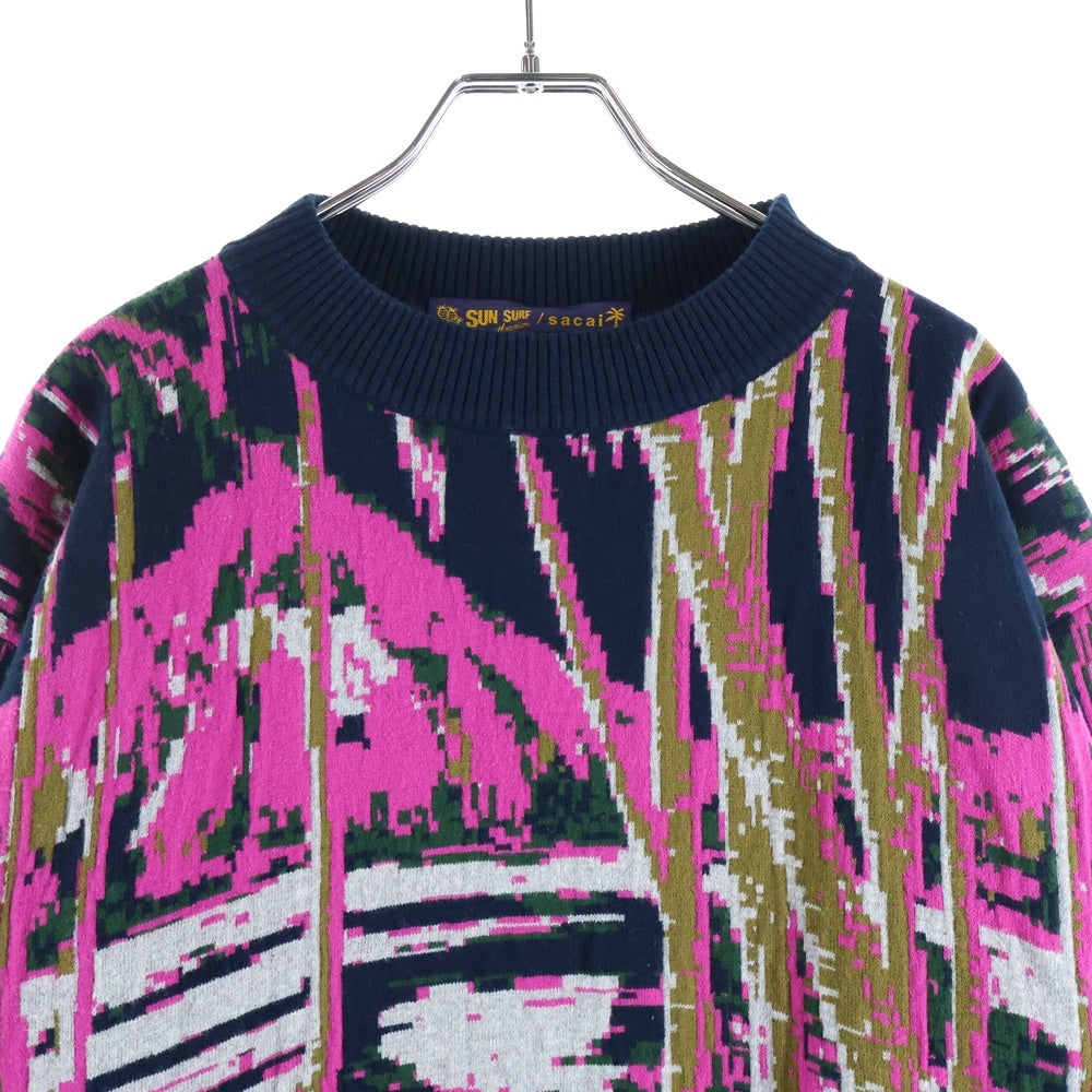 Sacai(サカイ) 20AW ×SUN SURF アロハ柄 クロップドニットセーター ネイビー/ピンク レディース 20-04838