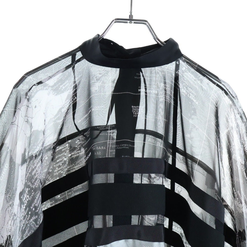 Sacai(サカイ) 20SS ワールドマップ プリント リボン タイ シアー 半袖シャツ ブラック レディース 20-04987