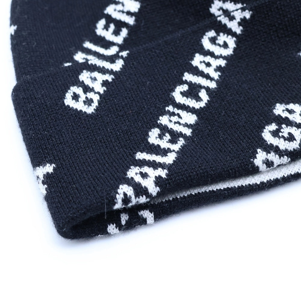 BALENCIAGA(バレンシアガ) 22AW 総柄ロゴ ウールニット帽 ブラック 719580 T1660